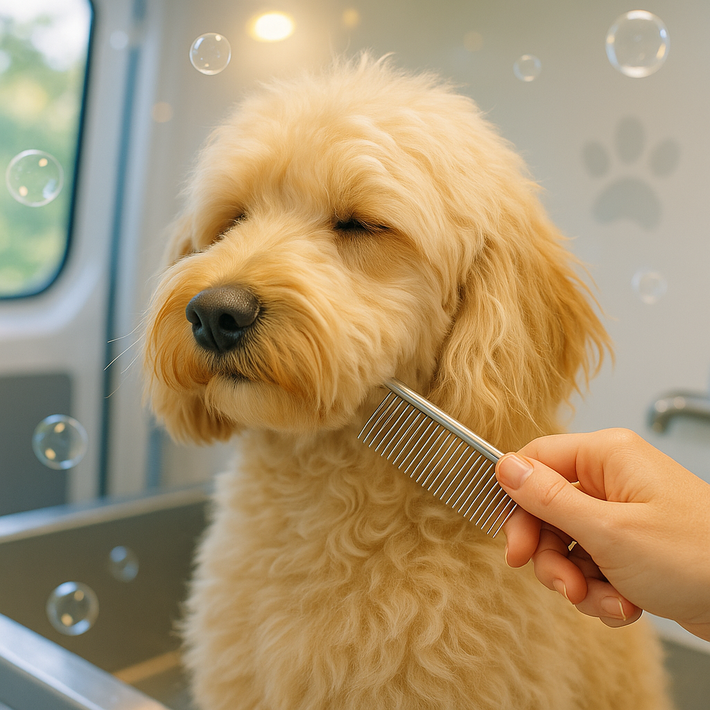 Close-up of a groomer’s hand using a metal comb to gently detangle a dog’s curly golden fur — Express Mobile Pet Grooming Middle TN provides professional dog grooming services in Dickson, Franklin, Nashville, Bellevue, Fairview, and Kingston Springs