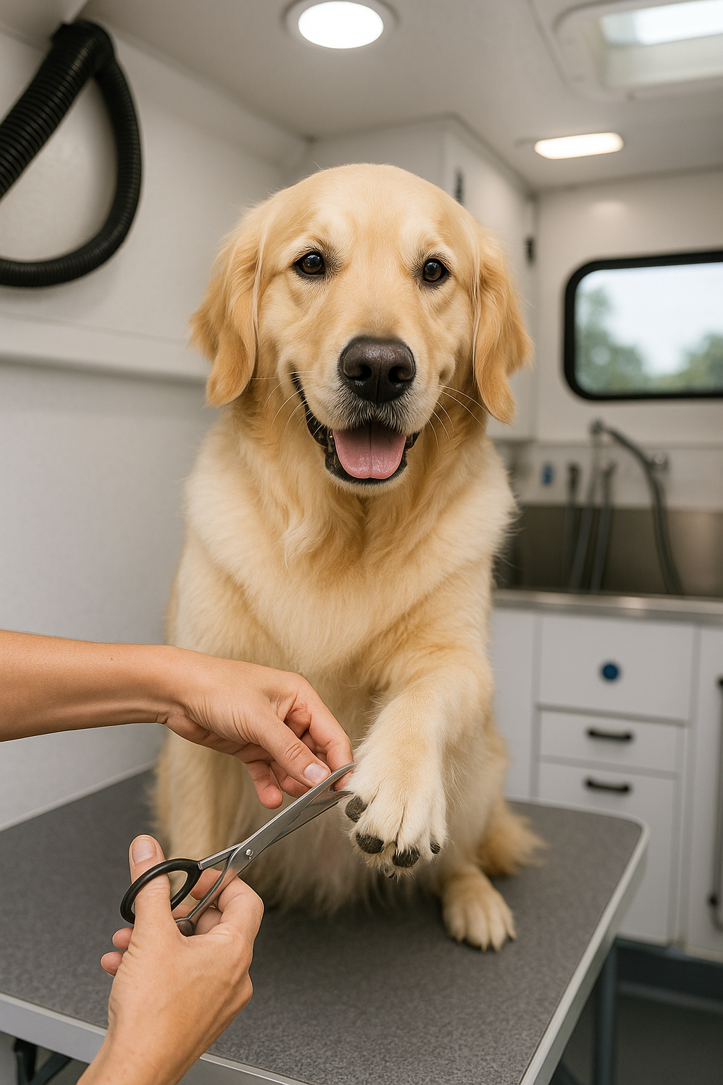 A Golden Retriever getting its paw fur trimmed inside a fully equipped mobile dog grooming van in Nashville TN by Express Mobile Pet Grooming Middle TN.