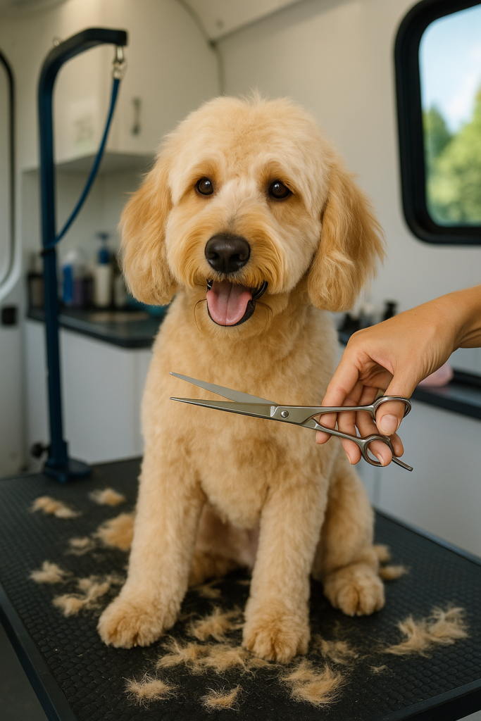 Happy freshly groomed doodle sitting on a grooming table after a mobile dog bath in Franklin, TN with Express Mobile Pet Grooming Middle TN.