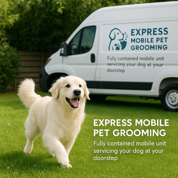 Calm dog enjoying stress-free grooming inside Express Mobile Pet Grooming’s van in Nashville