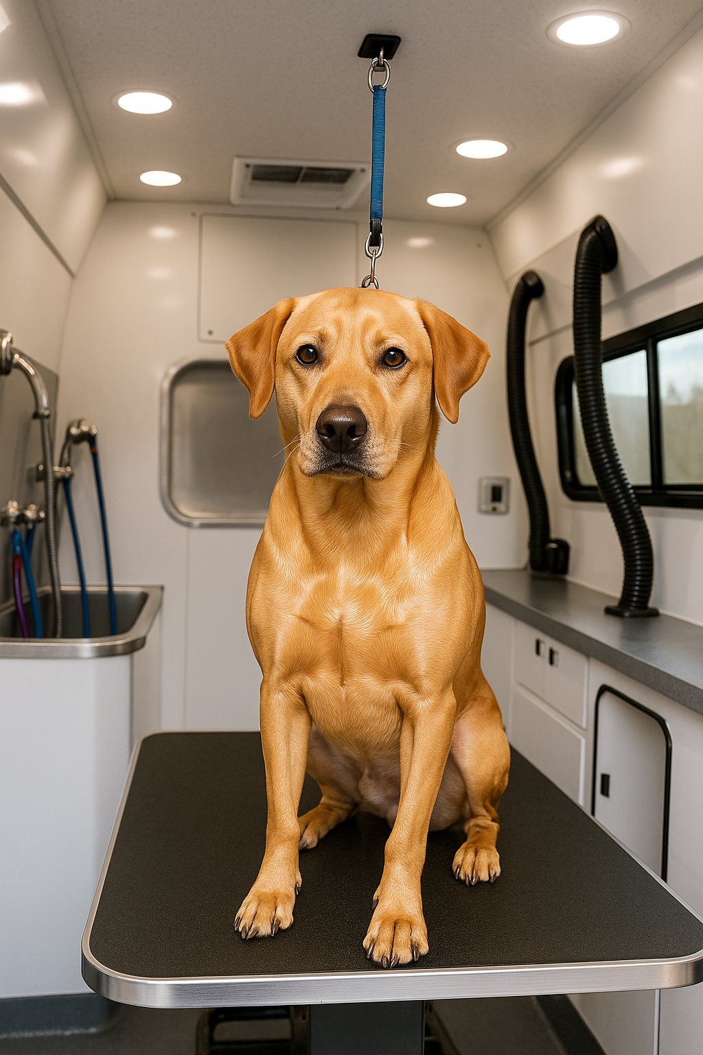 Short-haired dog with a shiny golden coat sitting on a grooming table inside Express Mobile Pet Grooming’s fully equipped mobile van in Nashville TN.