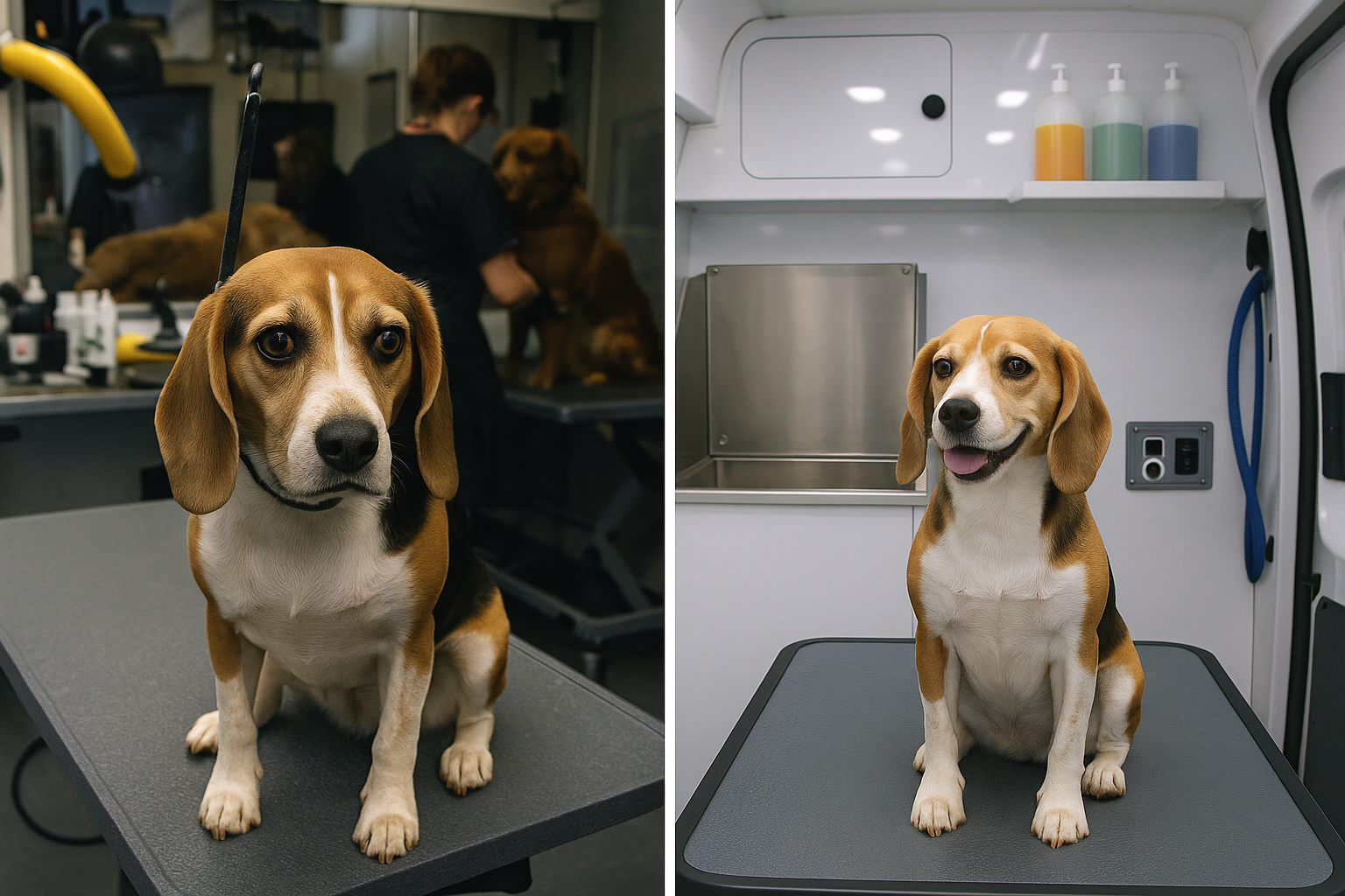 Side-by-side comparison of an anxious dog in a busy grooming salon and the same dog relaxed inside a mobile grooming van.