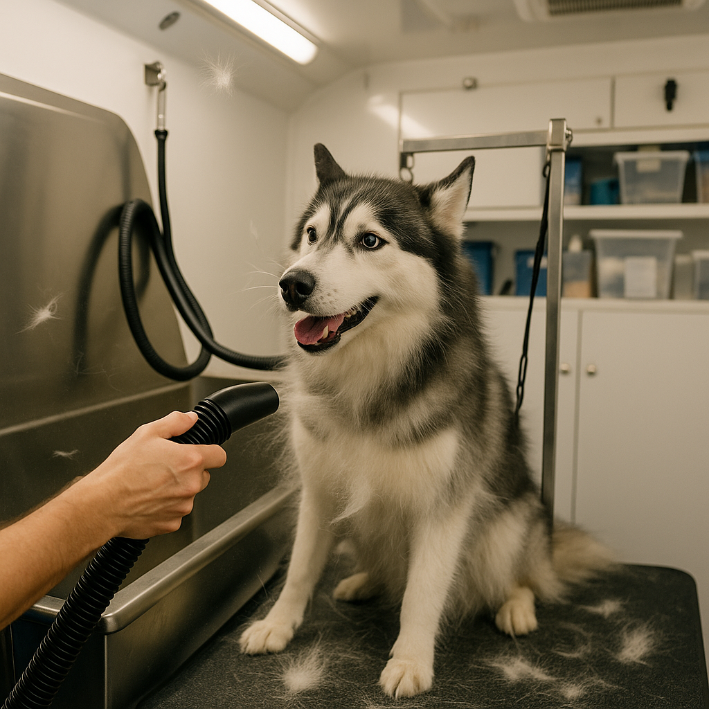 Husky being force-dried with a high-velocity dryer inside a clean mobile grooming van, with loose undercoat blowing into the air during a deshedding treatment.