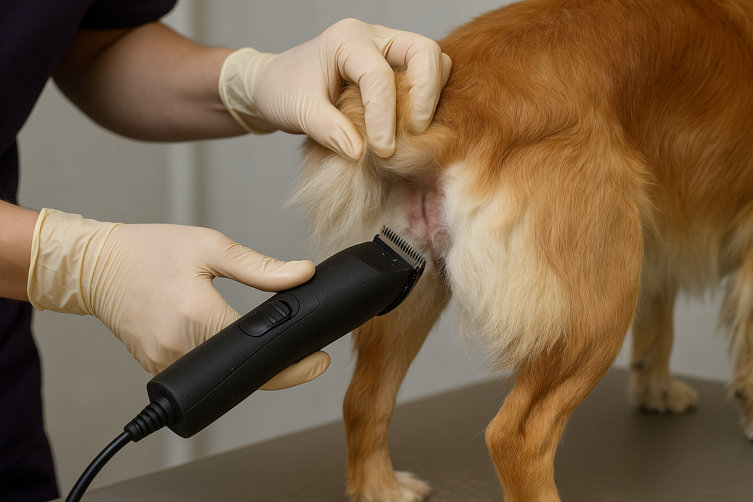 Groomer performing a sanitary trim on a dog using clippers during a professional grooming session.