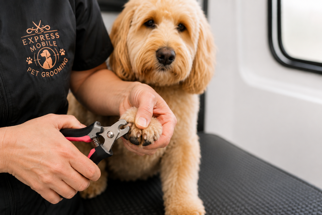 Professional mobile dog nail trimming being performed on a Goldendoodle in Express Mobile Pet Grooming's fully equipped mobile grooming salon serving Middle Tennessee.